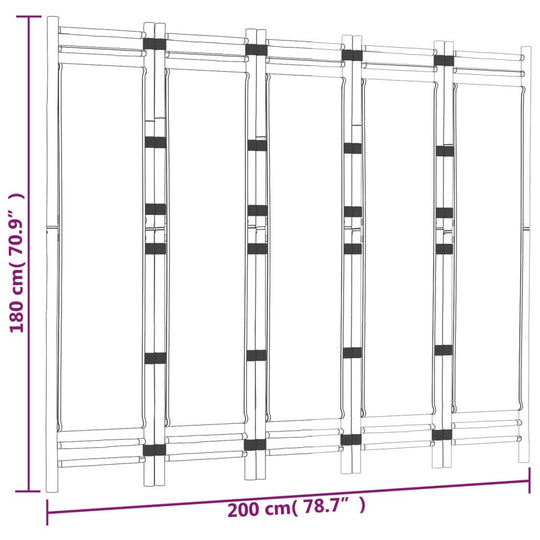 5-Panel Folding Room Divider 200cm – Bamboo & Canvas UAE dimensions diagram with measurements.