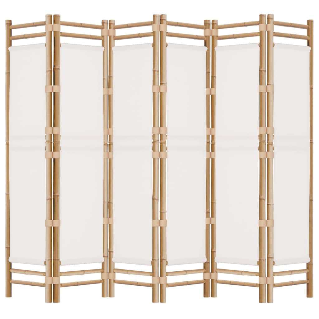 Folding 6-panel bamboo room divider with canvas screens, ideal for creating personal spaces and enhancing interior decor.