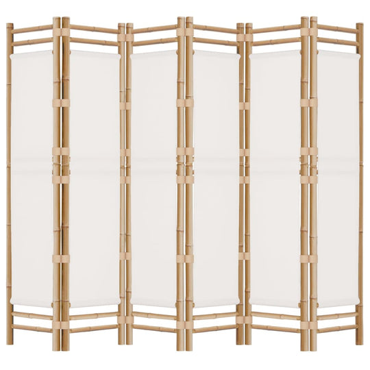 Folding 6-panel bamboo room divider with canvas screens, ideal for creating personal spaces and enhancing interior decor.