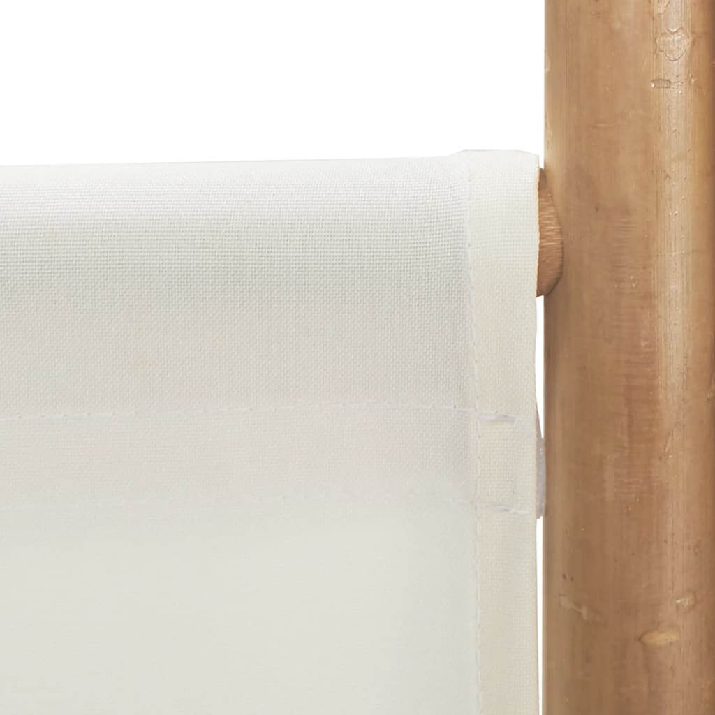 Close-up of the canvas top edge of a bamboo folding room divider, showcasing durable fabric and natural wood frame.