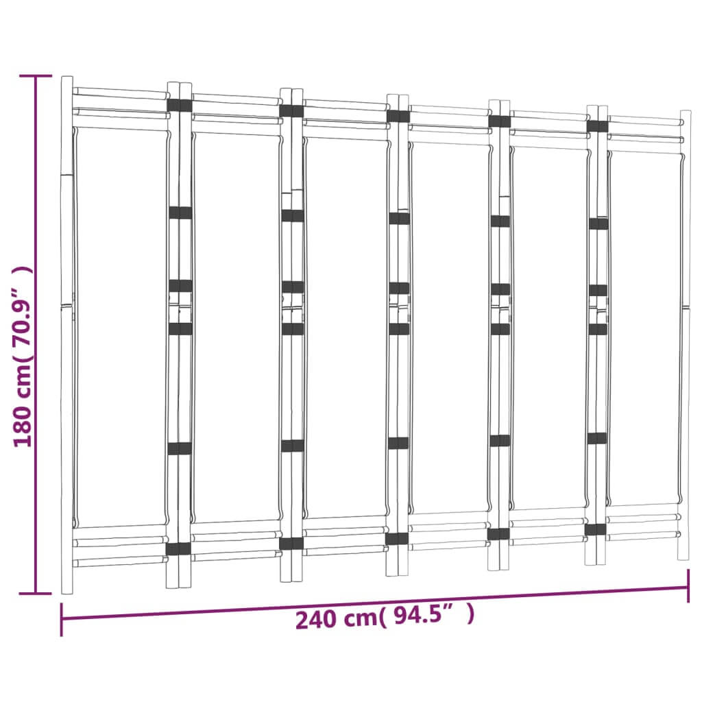 Folding 6-panel room divider dimensions 240 cm x 180 cm, showcasing durable bamboo and canvas design for versatile privacy.