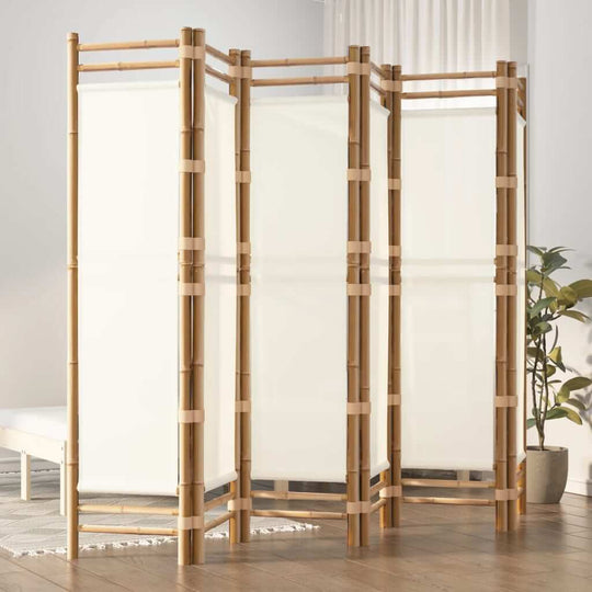 Folding 6-panel bamboo room divider providing privacy in a stylish interior setting with natural design elements.