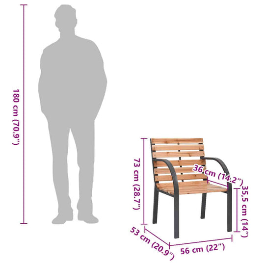 Garden chairs dimensions showing solid fir wood design with a silhouette of a person for scale, perfect for outdoor furniture.