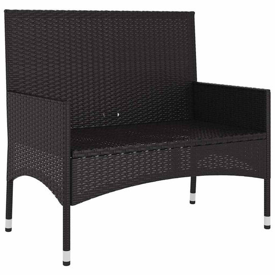 Black poly rattan 2-seater garden bench with cushions, perfect for outdoor furniture and lounge areas.