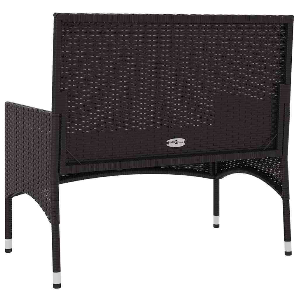 Back view of a 2-seater garden bench in black poly rattan, showcasing sturdy frame and woven design for outdoor lounge.