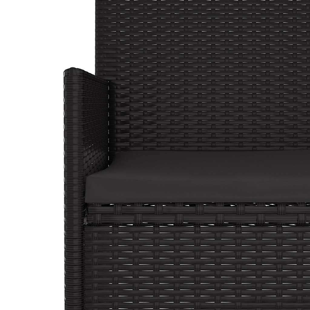 Close-up of a black poly rattan 2-seater garden bench with cushions, showcasing the durable design and sturdy frame.