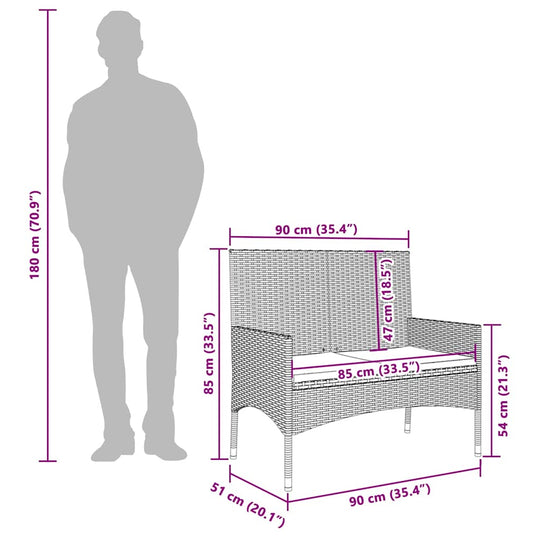 Dimensions of a 2-seater garden bench with cushions, showcasing its size next to a human silhouette for scale.