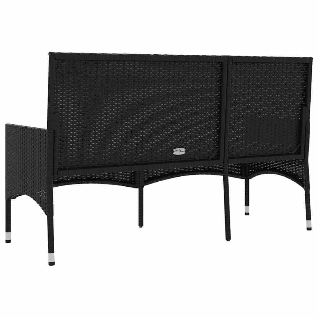 Black poly rattan 3-seater garden bench with sturdy frame, ideal for outdoor lounge and patio furniture.