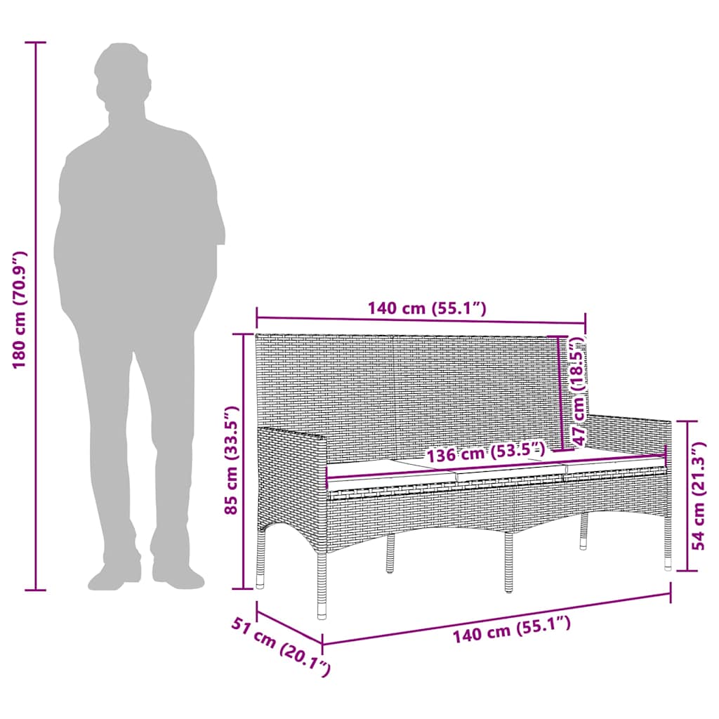 Dimensions of a 3-seater garden bench with cushions, showcasing a black poly rattan design and sturdy frame.