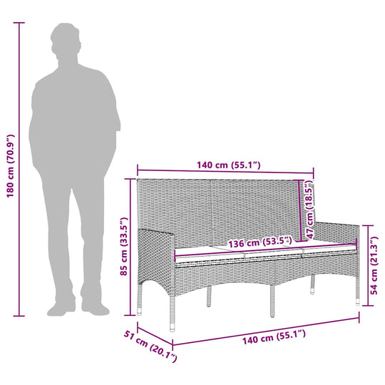 Dimensions of a 3-seater garden bench with cushions, showcasing a black poly rattan design and sturdy frame.