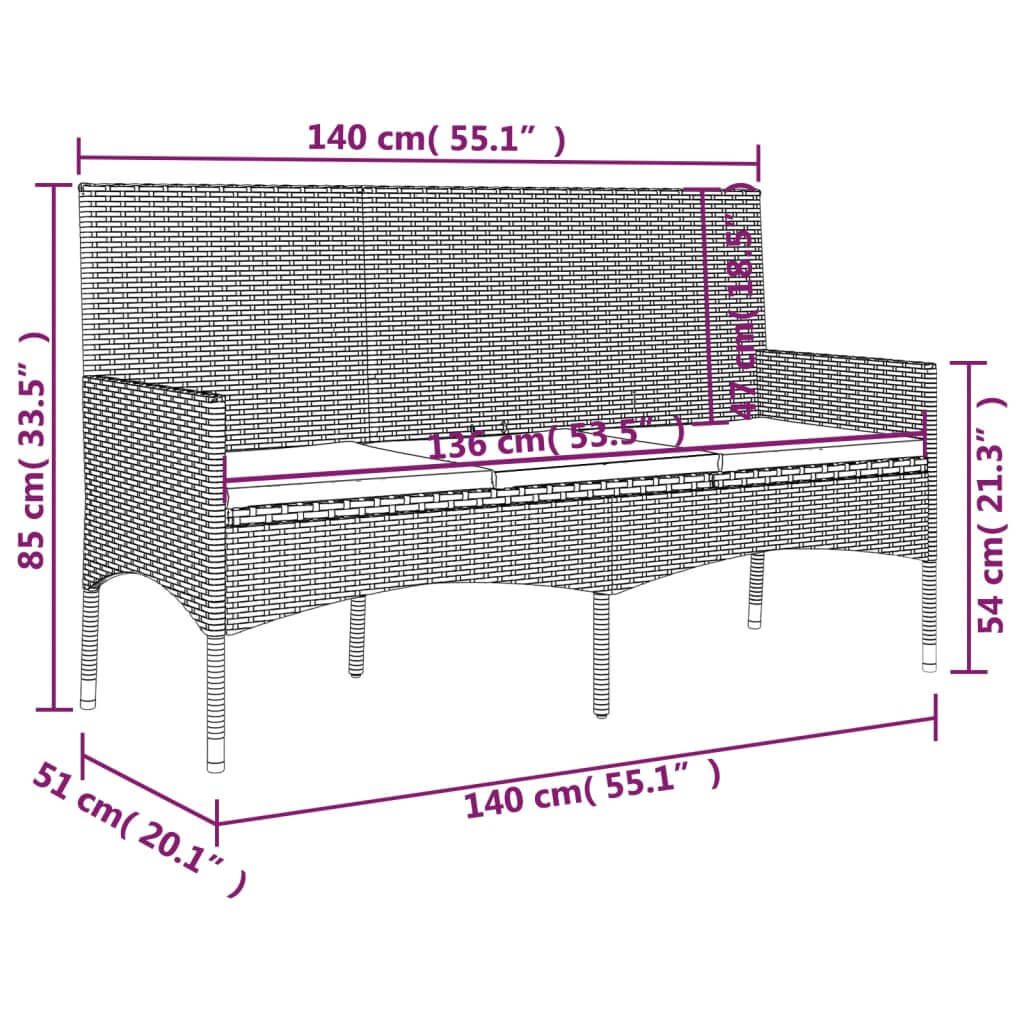 Dimensions of 3-seater poly rattan garden bench with cushions for outdoor furniture settings.