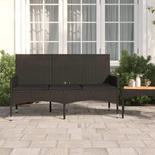 3-seater poly rattan garden bench with cushions on patio, perfect for outdoor living spaces and home garden furniture.