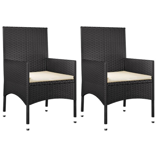 Two black poly rattan garden chairs with cream cushions, ideal for outdoor patio or garden furniture setups.