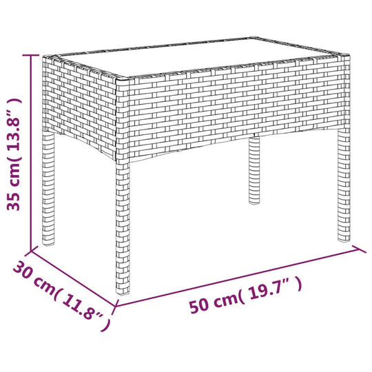 Diagram of poly rattan tabletop with dimensions 50x30x35 cm, part of a 4 piece garden lounge set with cushions.