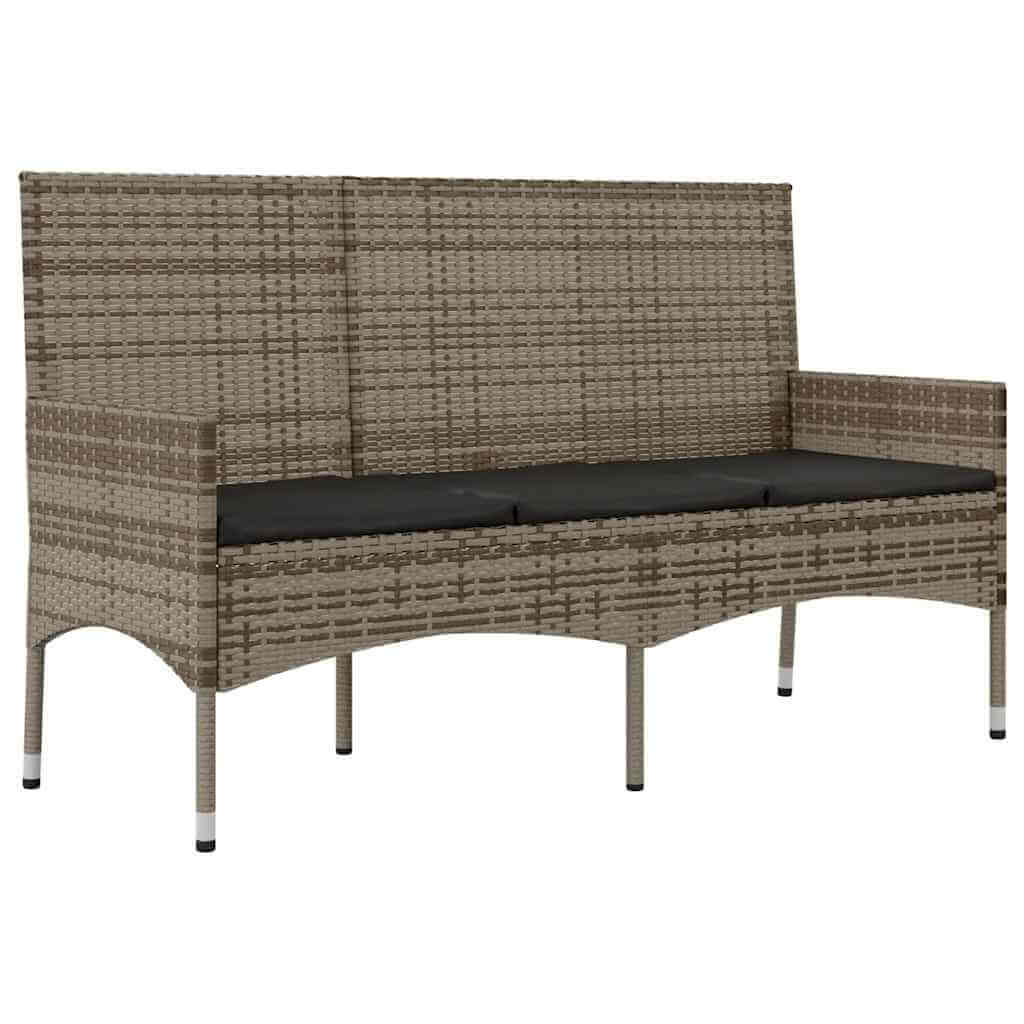 4 Piece garden lounge sofa bench in grey poly rattan with thick black cushions for outdoor comfort.