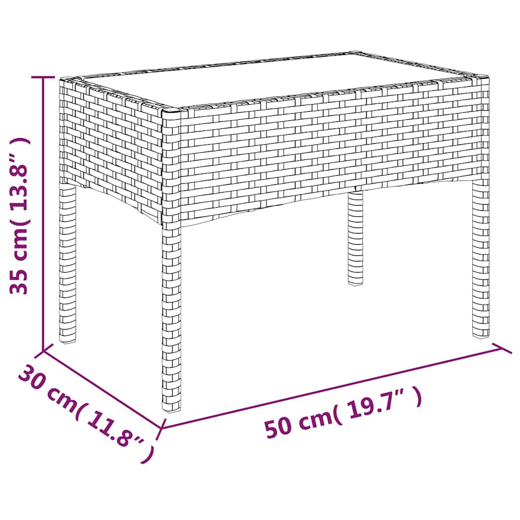 Dimensions of a grey poly rattan table for outdoor furniture, measuring 35 cm x 30 cm x 50 cm. Ideal for garden lounge sets.