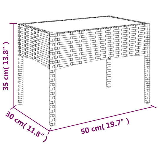 Dimensions of a grey poly rattan table for outdoor furniture, measuring 35 cm x 30 cm x 50 cm. Ideal for garden lounge sets.