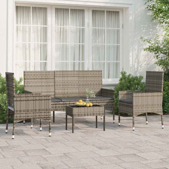 4 Piece garden lounge set with cushions in grey poly rattan, perfect for outdoor furniture and relaxing spaces.