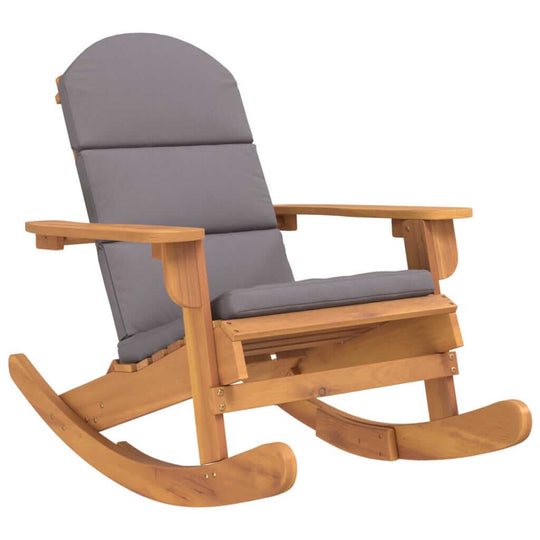 Solid acacia wood rocking chair with grey cushions, perfect for relaxing in style and comfort.