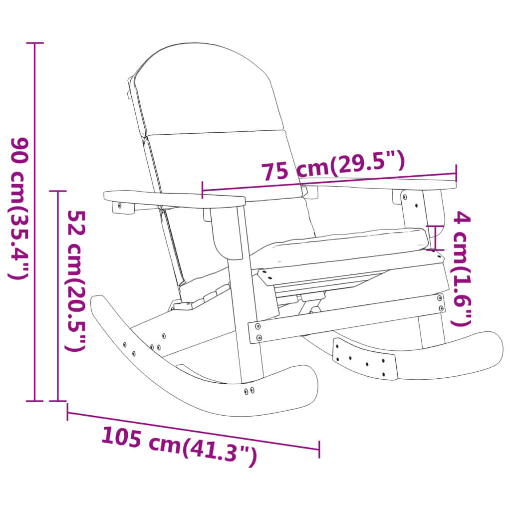 Dimensions of a rocking chair in inches and centimeters, highlighting its comfortable design and measurements.