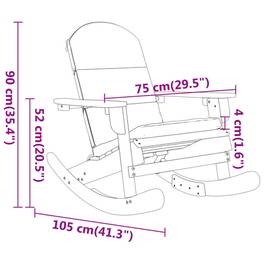 Dimensions of a rocking chair in inches and centimeters, highlighting its comfortable design and measurements.