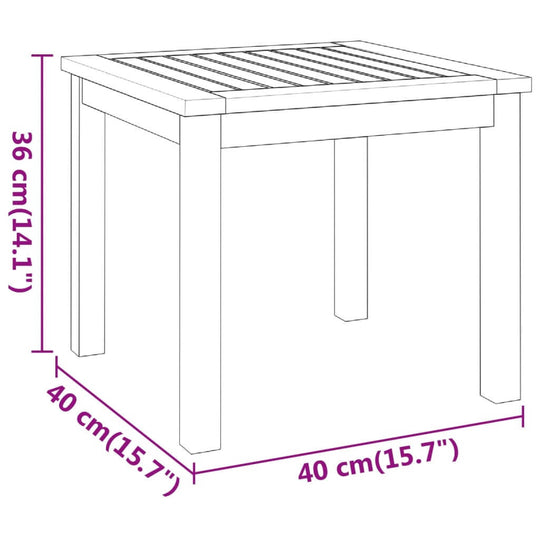 Dimensions of a wooden garden table, 36 cm high, 40 cm wide, showcasing slatted design and sturdy legs.