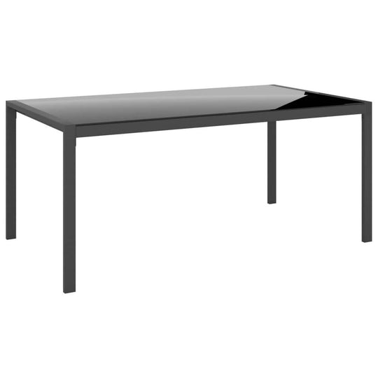 Sleek black glass top dining table with a sturdy steel frame, perfect for modern outdoor furniture arrangements.