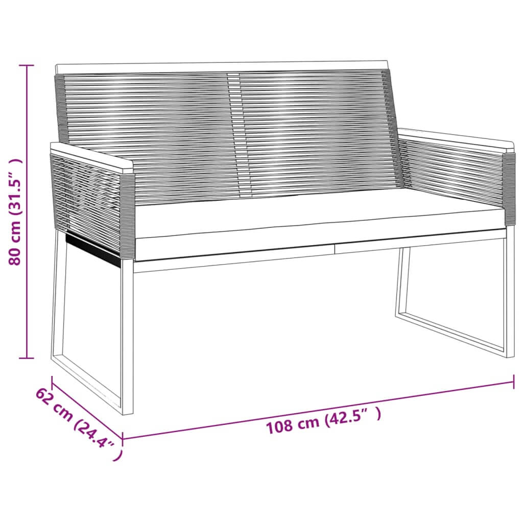 Dimensions of a stylish garden lounge sofa measuring 108 cm wide, 62 cm deep, and 80 cm high, featuring a sleek design.