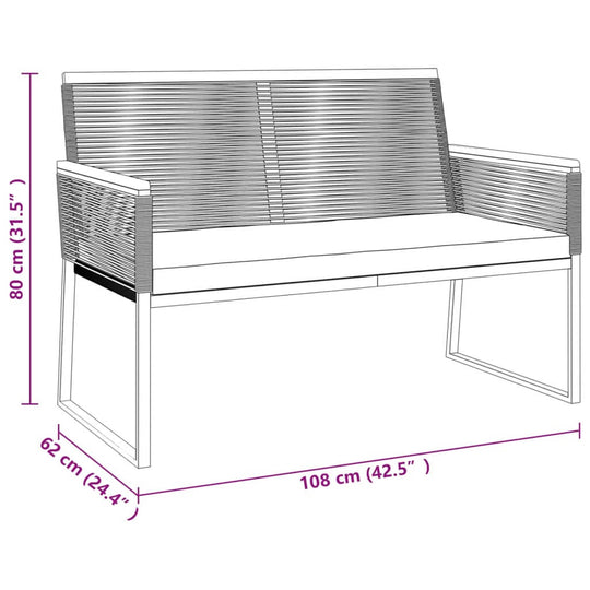 Dimensions of a stylish garden lounge sofa measuring 108 cm wide, 62 cm deep, and 80 cm high, featuring a sleek design.