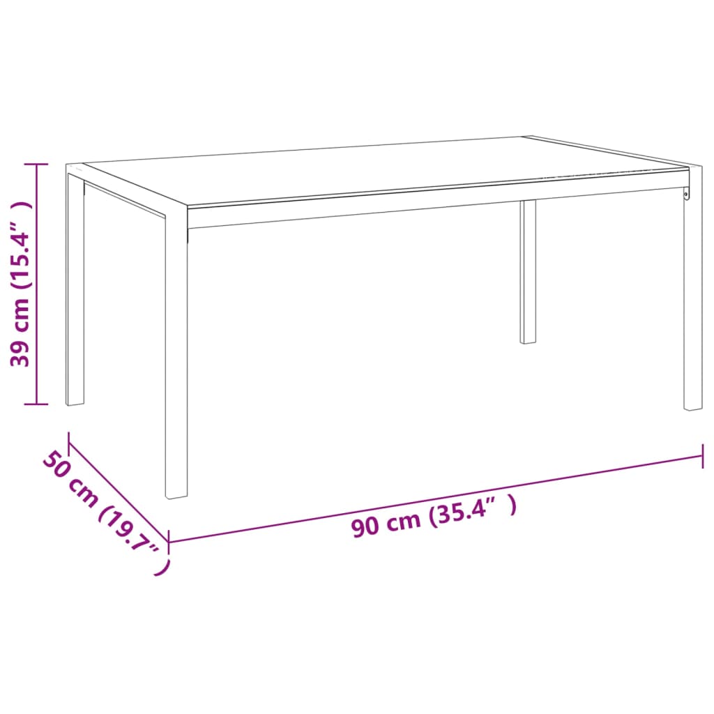 Dimension diagram of a rectangular table showing height, width, and depth in centimeters and inches.