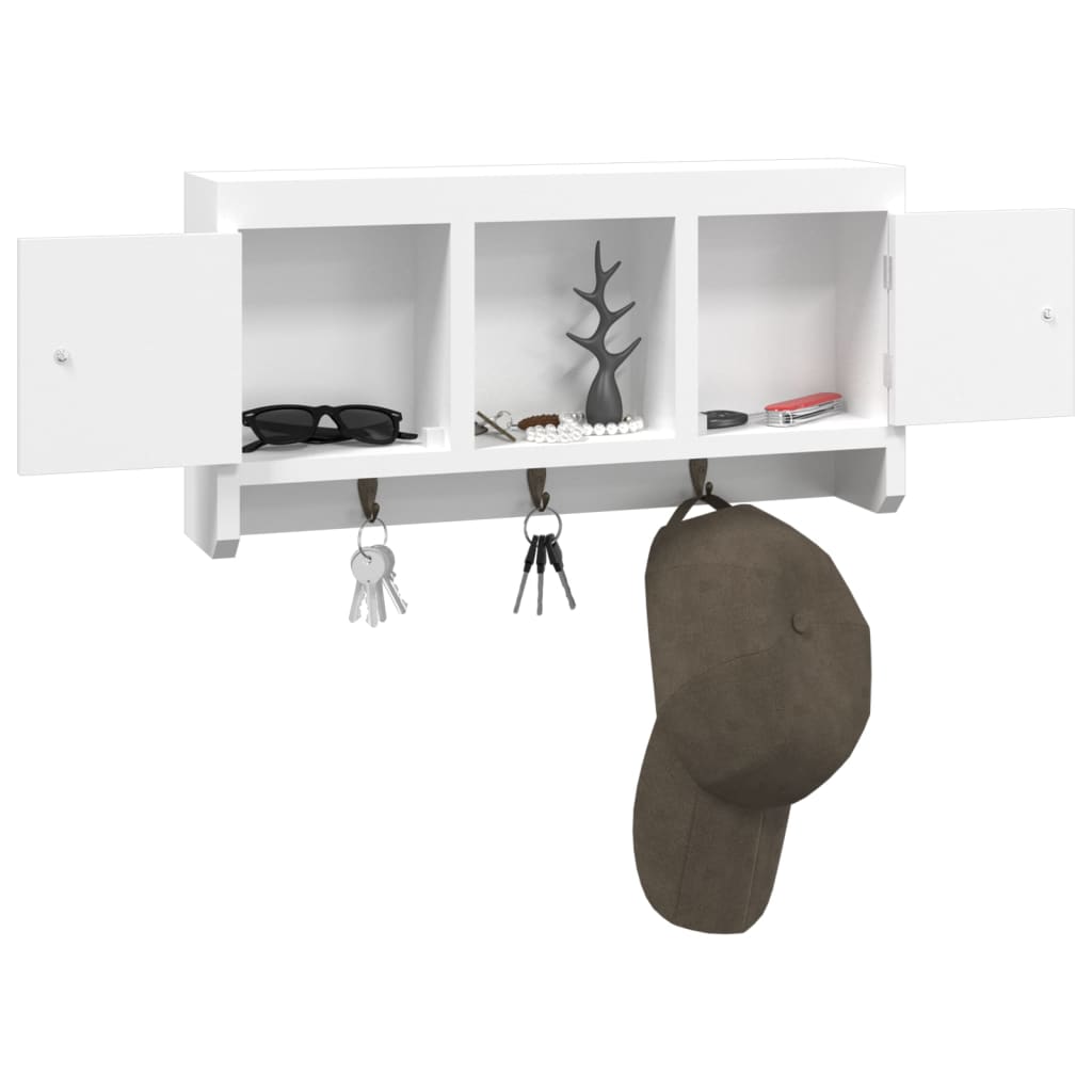 Key cabinet in white engineered wood with 3 steel hooks and 2 compartments for organized storage of accessories.