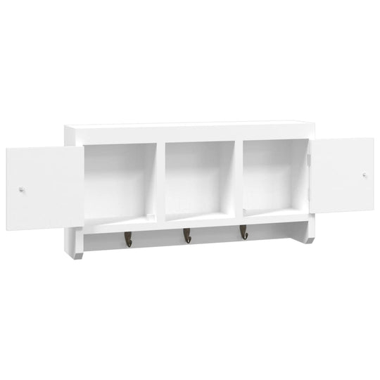 Elegant white key cabinet with three compartments and hooks for keys and accessories storage. Ideal for organized spaces.