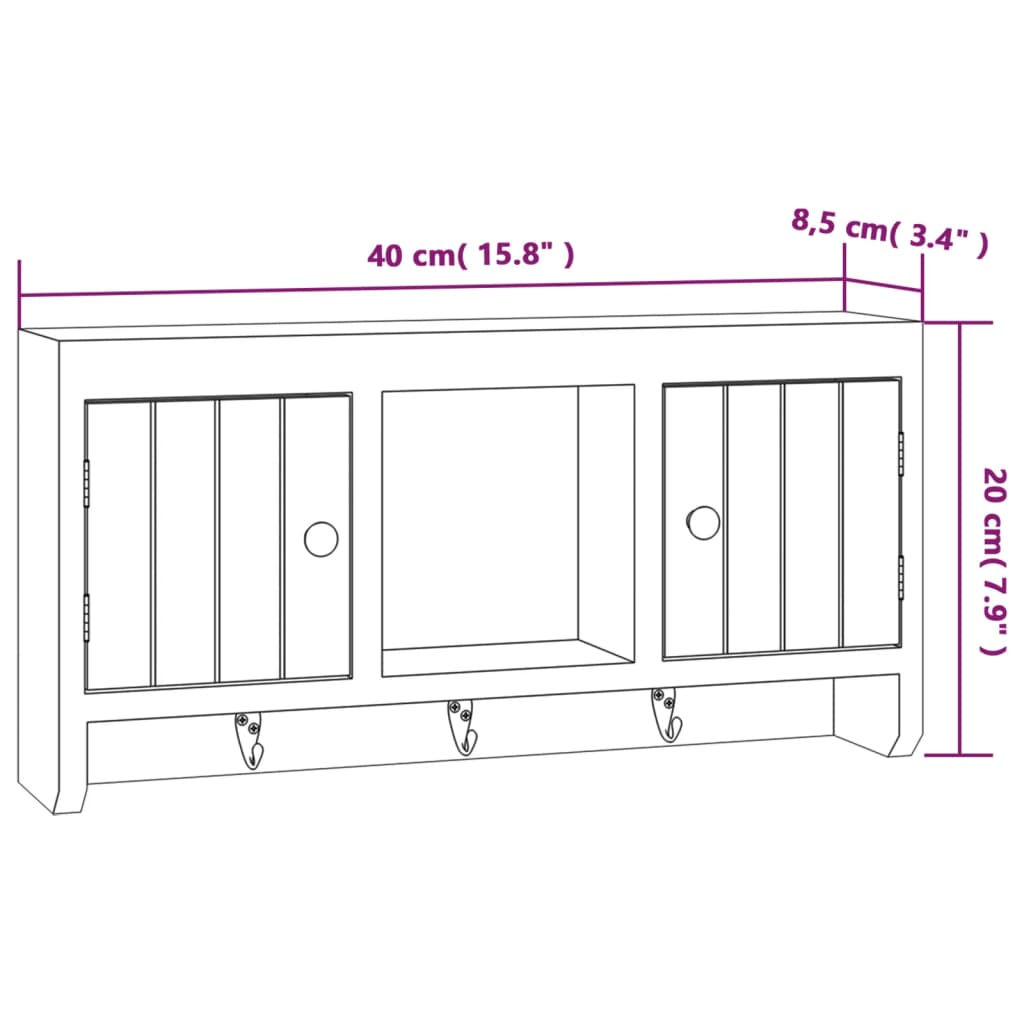 Key cabinet dimensions 40x8.5x20 cm, featuring three hooks and compartments for organized storage. Perfect for home decor.