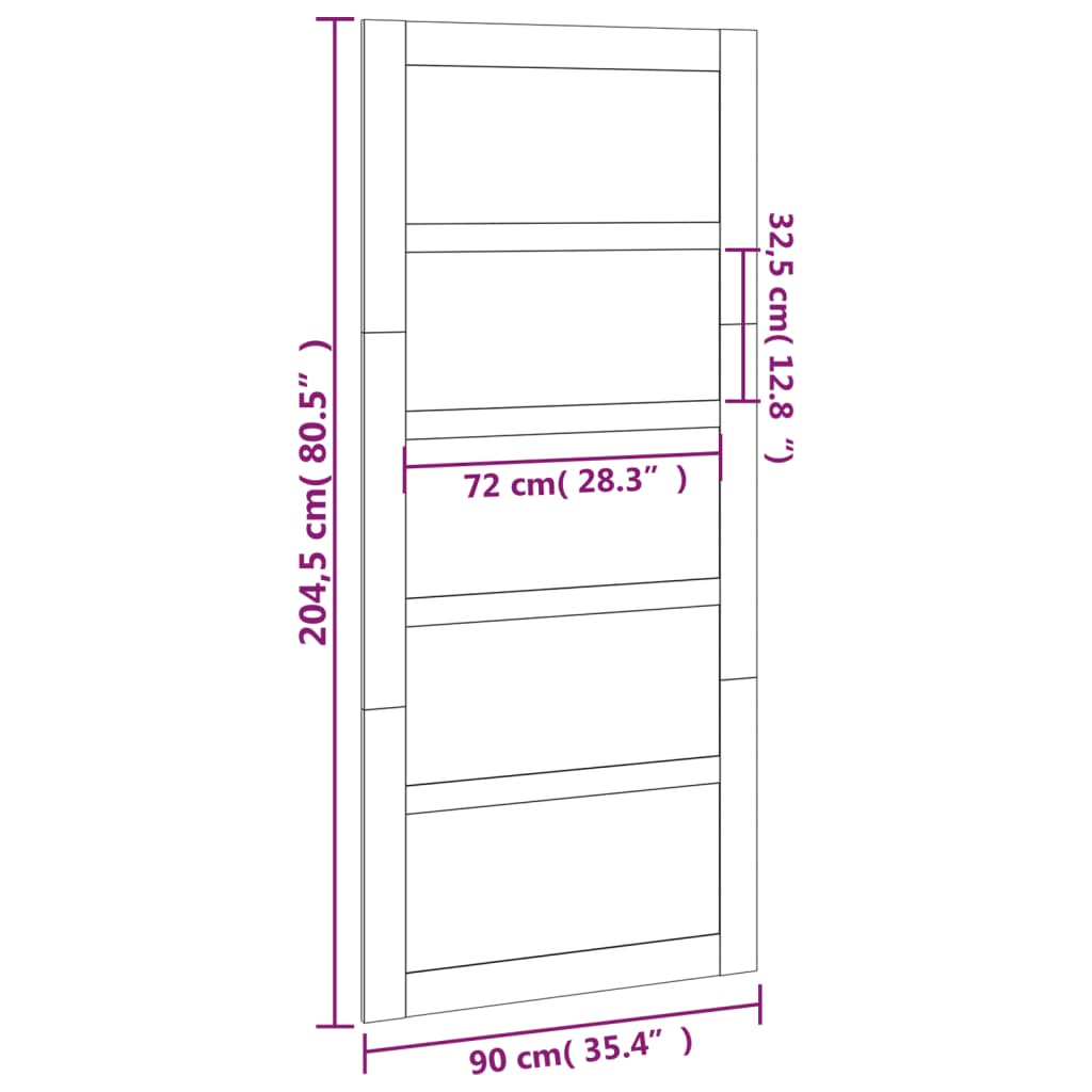 Dimensions of a 90x1.8x204.5 cm solid wood pine barn door with a sturdy design for space-saving interior use.