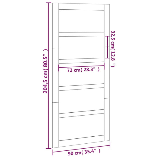 Dimensions of a 90x1.8x204.5 cm solid wood pine barn door with a sturdy design for space-saving interior use.