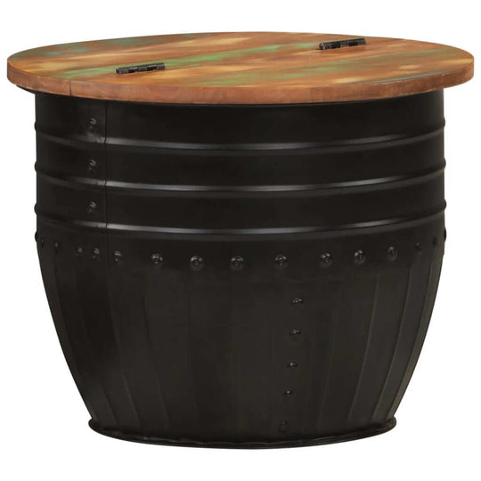 Round coffee table with a rustic wooden top and black metal base, perfect for outdoor furniture and lounge settings.