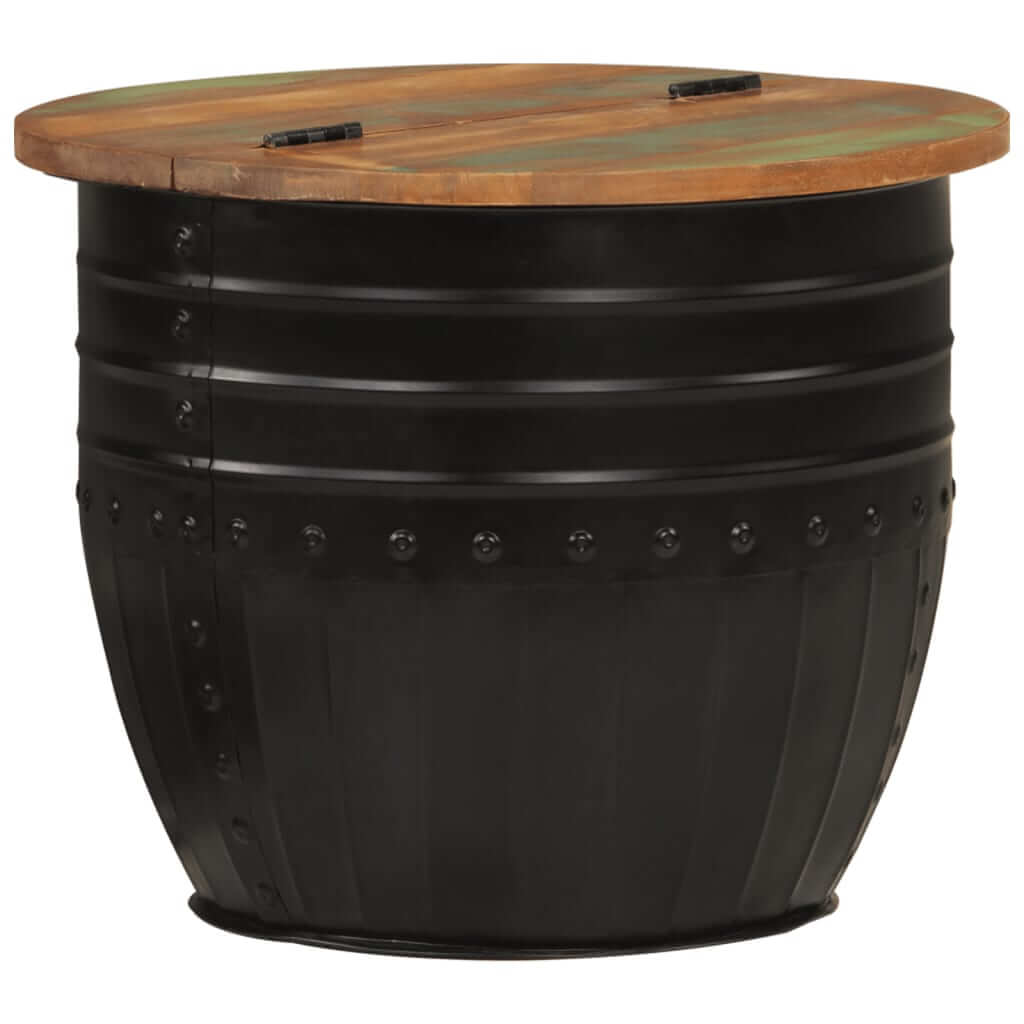 Black metal barrel coffee table with rustic wooden top, perfect for outdoor furniture and lounge settings.