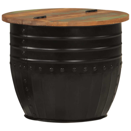 Black metal barrel coffee table with rustic wooden top, perfect for outdoor furniture and lounge settings.