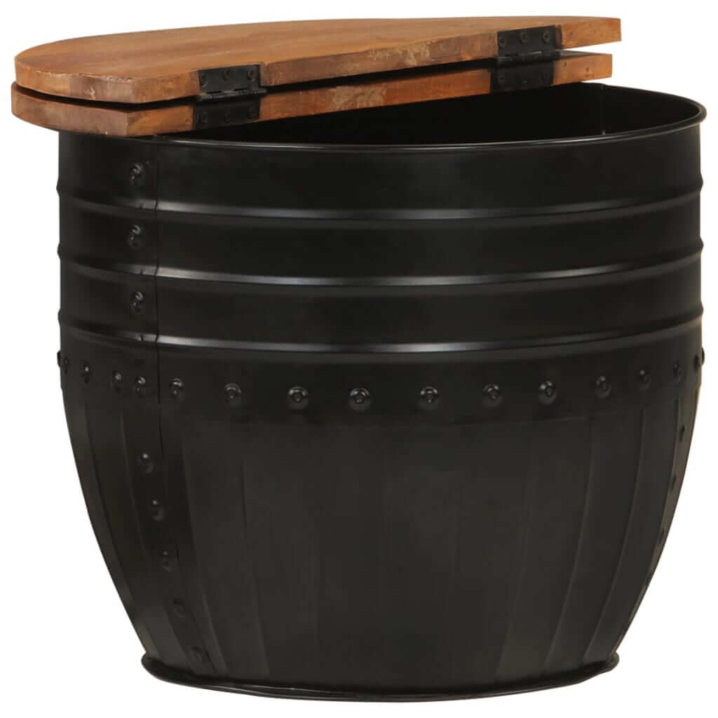 Black metal storage bin with a wooden lid, ideal for outdoor furniture or home organization. Perfect for lounge areas.