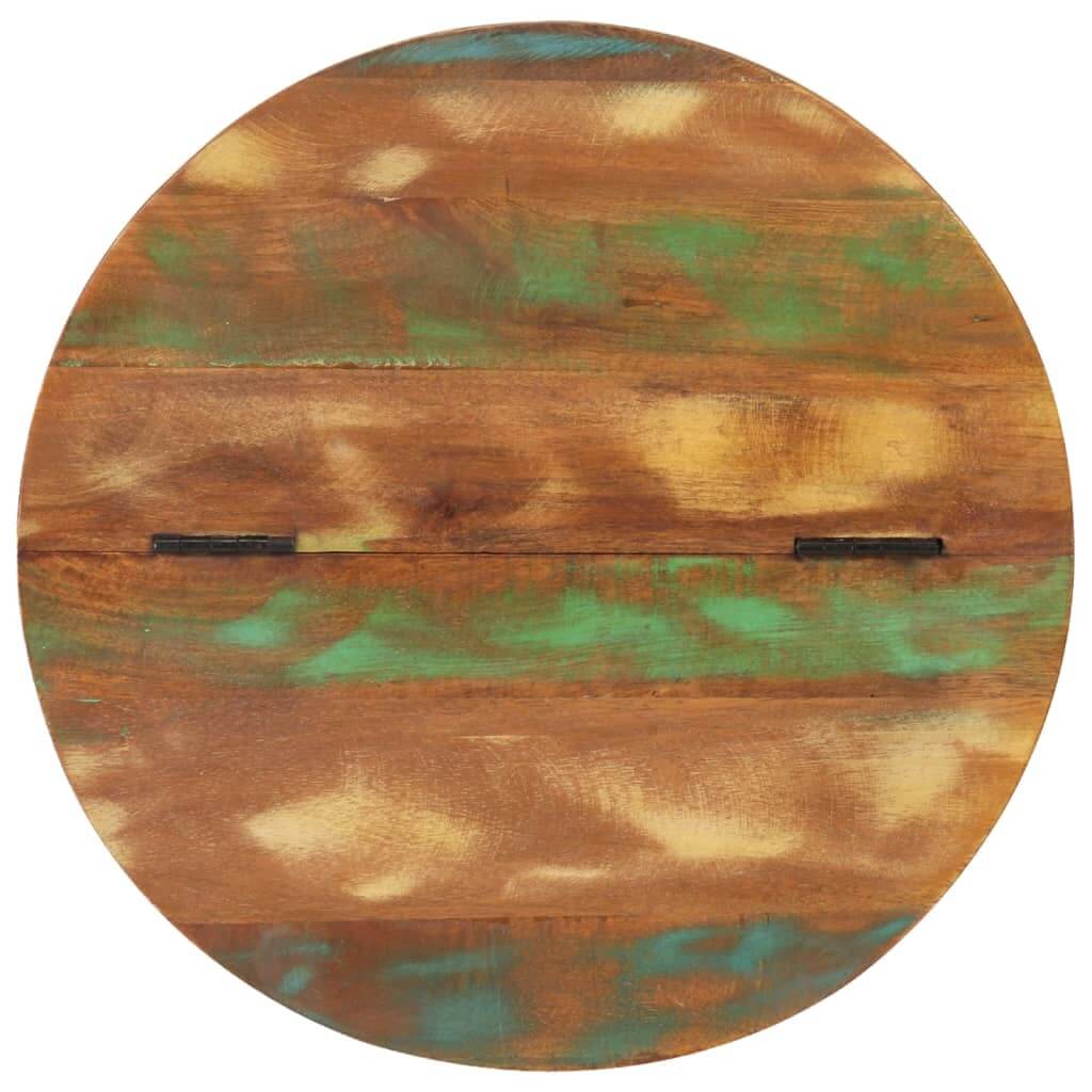 Round reclaimed wood coffee table top with unique colors and textures, showcasing solid craftsmanship in sustainable furniture.