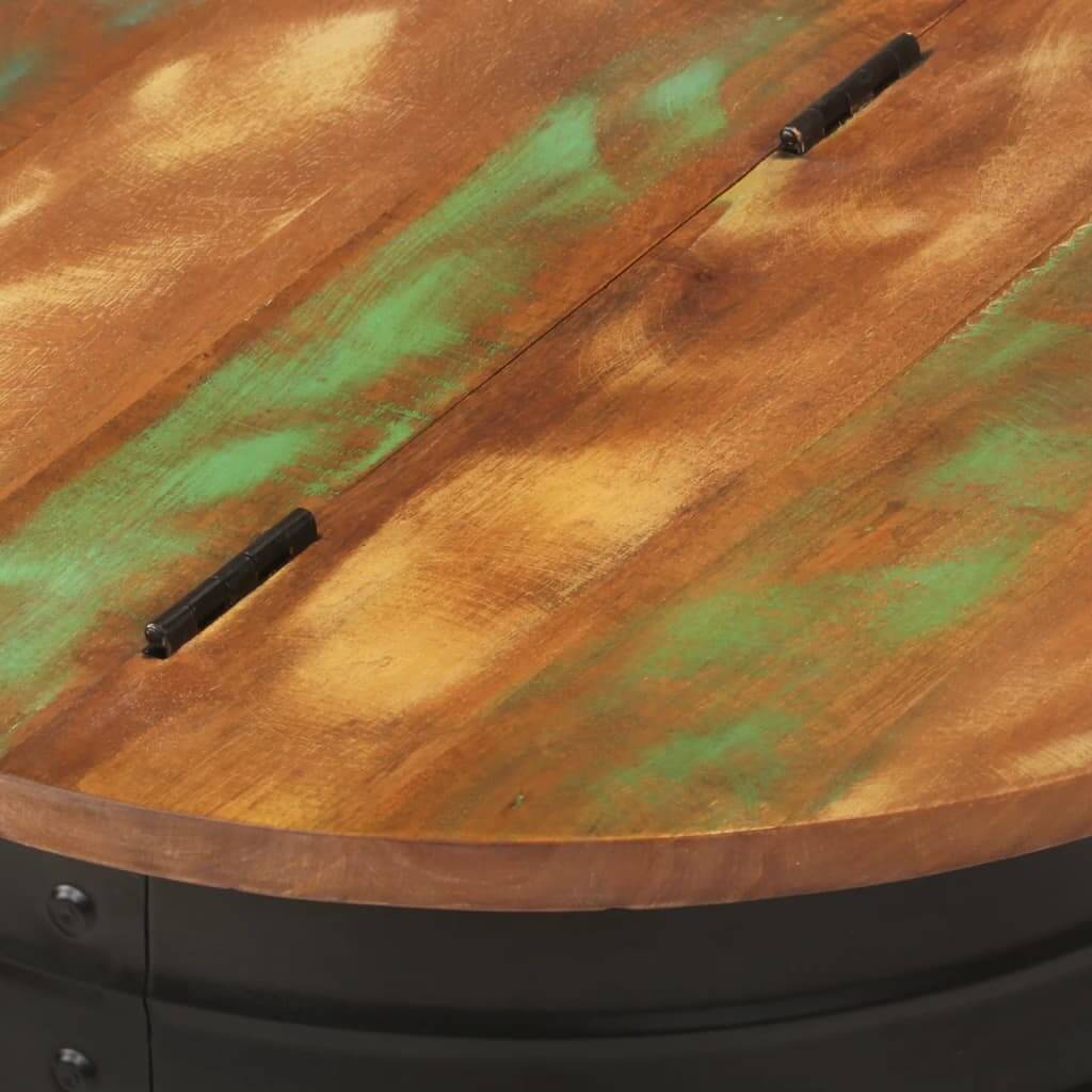 Close-up of a round coffee table top made of reclaimed wood with unique color variations and smooth finish, ideal for outdoor furniture.