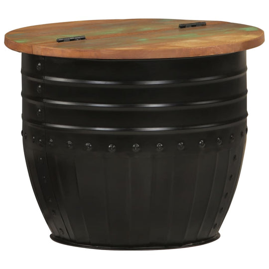 Stylish black barrel coffee table with a wooden top, perfect for outdoor furniture and lounge settings.