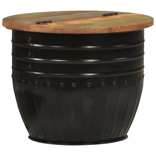 Black metal storage table with a wooden top, ideal for outdoor furniture and lounge settings.