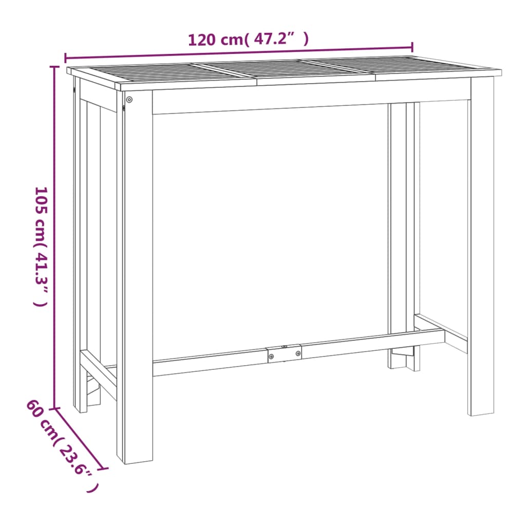 Dimensions of a solid wood acacia garden bar table measuring 120x60x105 cm, ideal for indoor and outdoor use.