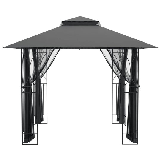 Gazebo with anthracite steel frame and sidewalls, double-tiered roof, spacious design for outdoor gatherings.