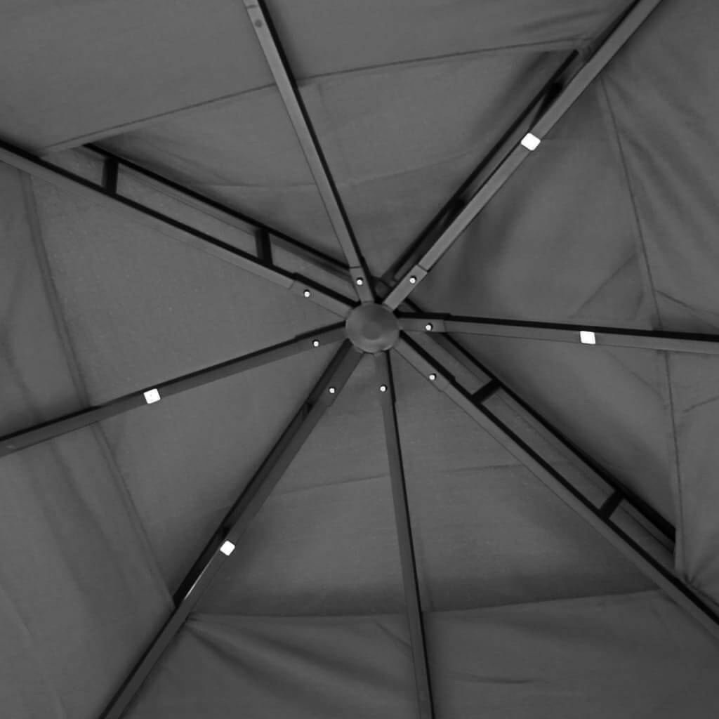 Inside view of a double-tiered gazebo roof, showcasing the sturdy steel frame and fabric design.