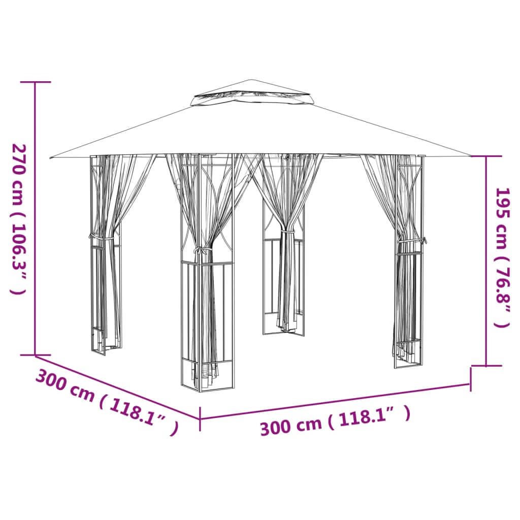 Gazebo dimensions illustration showing 300x300 cm size and 270 cm height with sidewalls, perfect for outdoor gatherings.