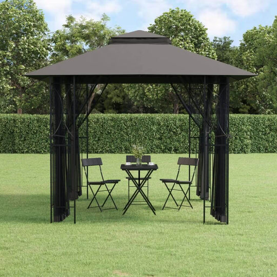 Gazebo with anthracite steel frame and sidewalls, featuring a table and chairs in a garden setting.