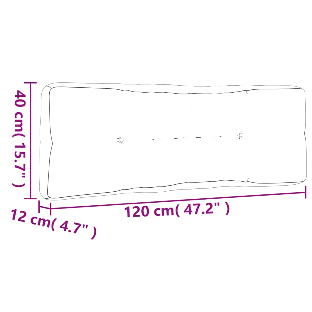 Dimensions of anthracite fabric pallet cushion: 120 cm x 40 cm x 12 cm, perfect for outdoor furniture and lounge settings.