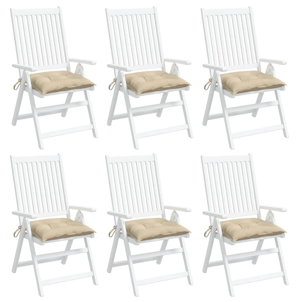 Set of 6 white folding chairs with beige cushions, perfect for outdoor furniture and lounge areas. Ideal for garden and patio use.